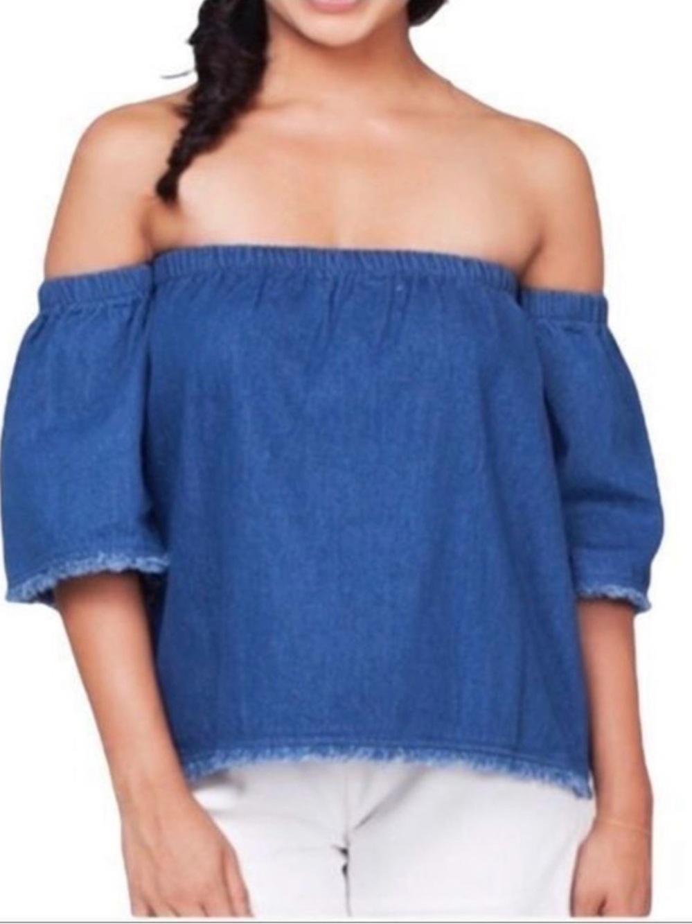 J.O.A. Medium Blue Denim Off Shoulder Cropped Top Size M